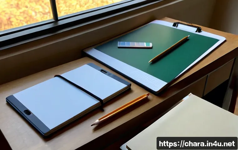 캐릭터디자인 자격증 필기와 실기 준비 방법 - Photorealistic overhead study desk for character design certification written exam preparation, neat...