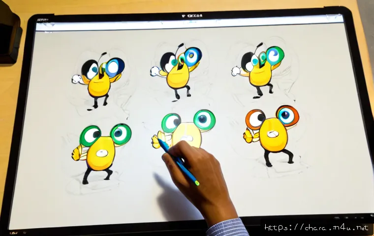 캐릭터디자인과 2D 애니메이션 제작기법 - Photorealistic overhead view of a professional animator’s desk, a hand using a stylus on a large dra...