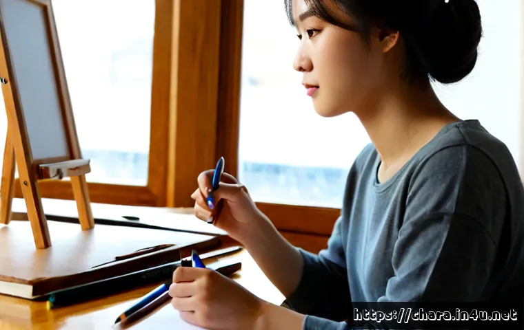 캐릭터디자인 실기 연습의 필수 요소 - Photorealistic over-the-shoulder view of a focused young adult art student practicing character desi...