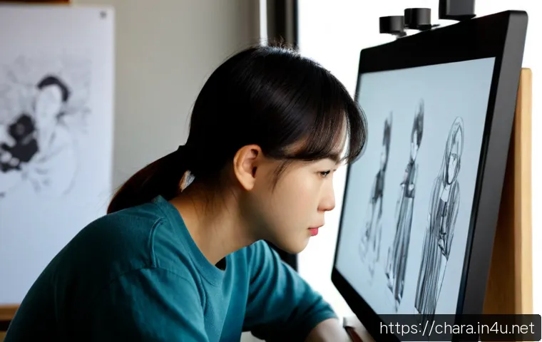 Home 17 캐릭터디자이너가 피해야 할 실수 - Photorealistic over-the-shoulder view of a thoughtful character designer at a clean studio desk, com...