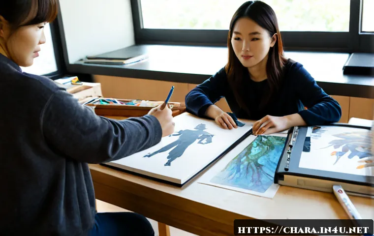캐릭터디자인 창작법 워크샵 후기 - Photorealistic character design workshop scene, diverse adult participants gathered around a large w...